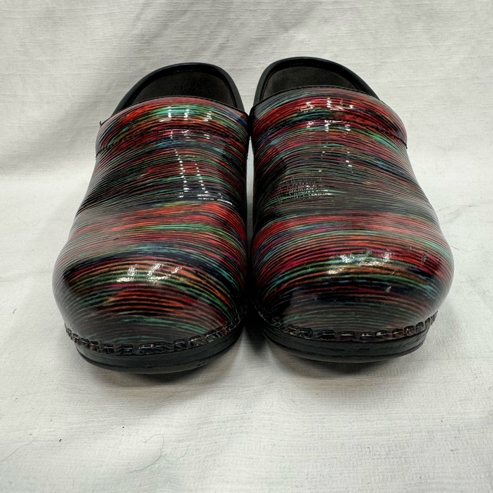 Dansko Multicolor Striped Patent Leather Clogs